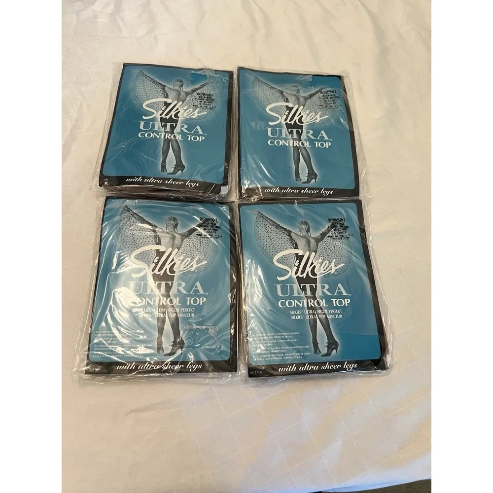 PANTYHOSE Queen Lot Of 4‎ Silkies NEW NOS VTG Ultra Control Top Nude 030501 USA